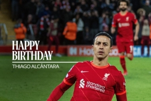 利物浦祝蒂亚戈35岁生日快乐，效力期间出战98场3球6助