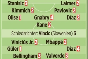 图片报评分:于帕、居莱尔1分 姆巴佩2分 诺伊尔5分 卡马文加6分